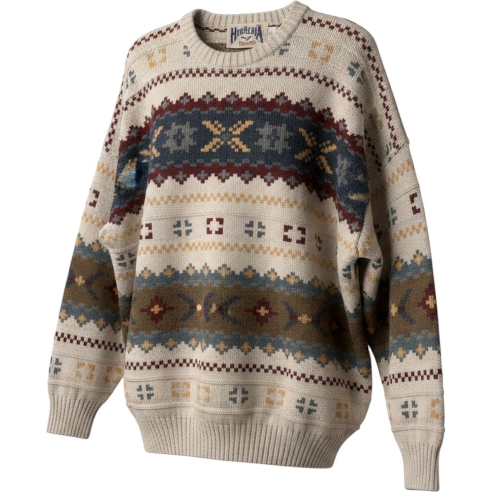 Himalaya Outfitters Sweater Mens 4X Cream Fair Isle Geometric Wool Blend Vintage